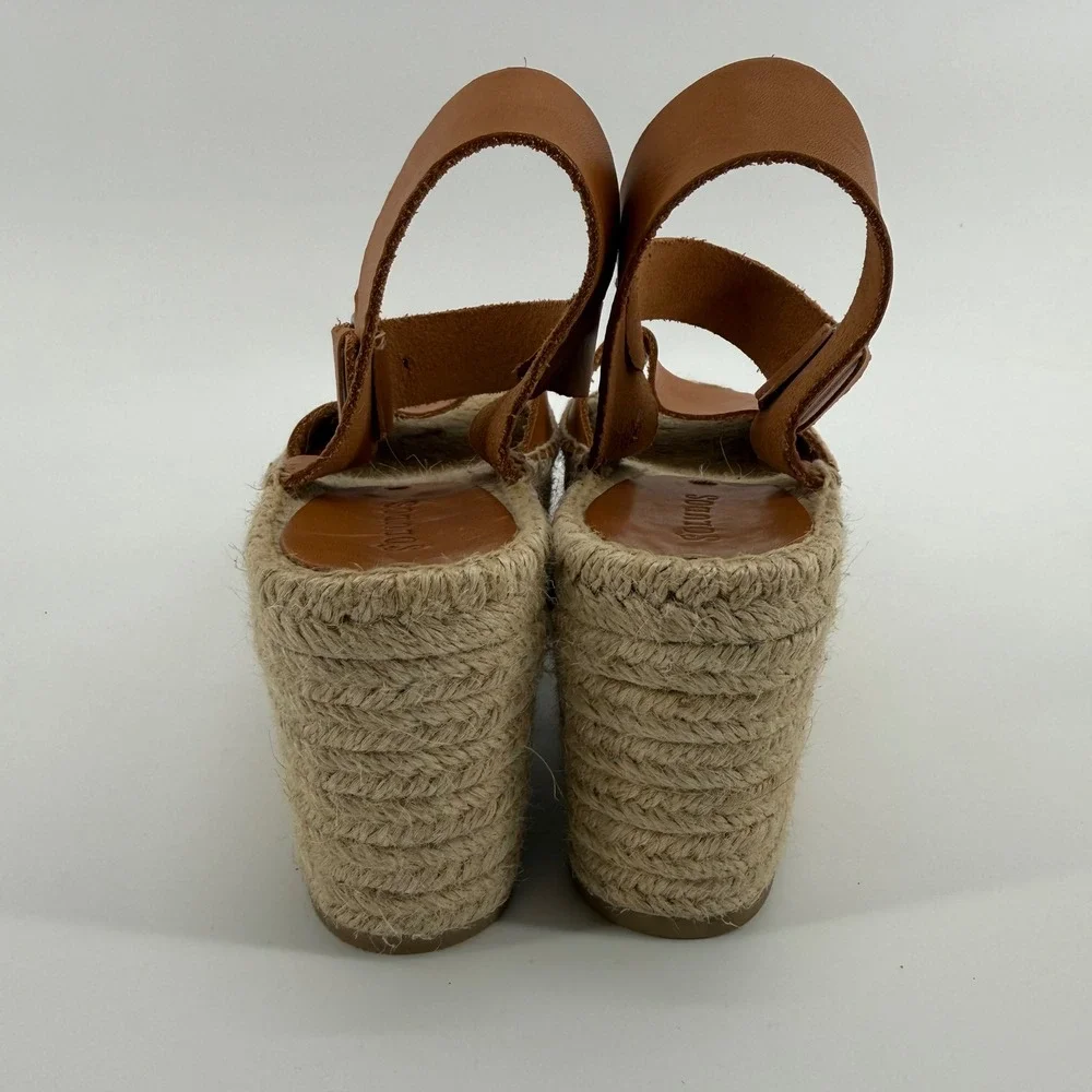 Soludos Minorca Tan Leather Espadrille Platform Wedge Sandals Womens 8 EU 38.5‎